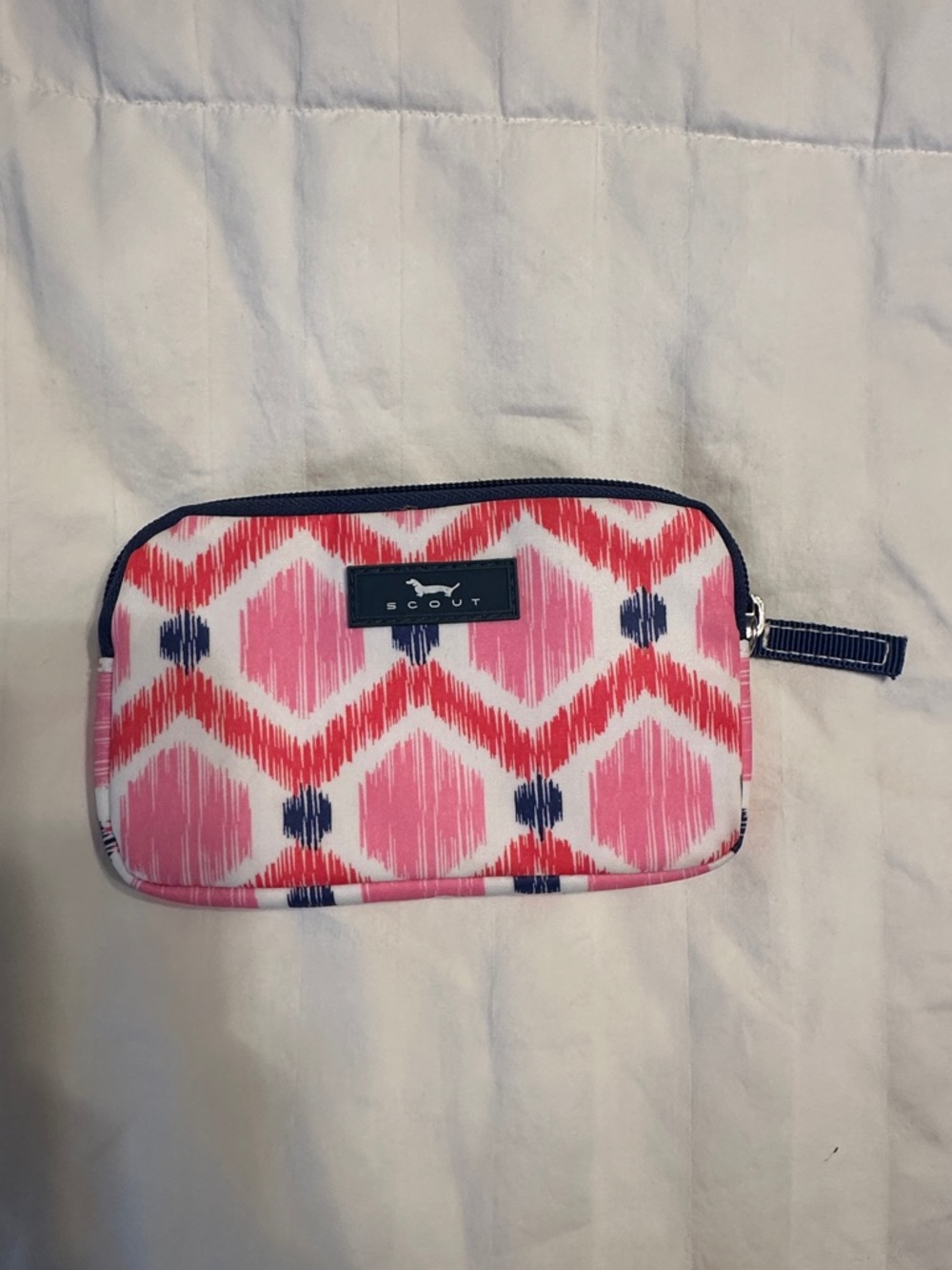 Scout Pink and Coral Geometric waterproof pouch with Navy Trim